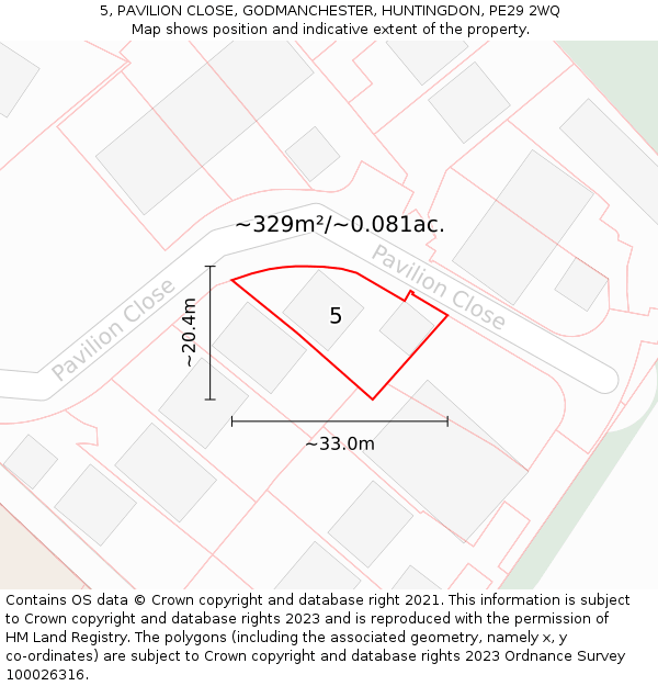 5, PAVILION CLOSE, GODMANCHESTER, HUNTINGDON, PE29 2WQ: Plot and title map