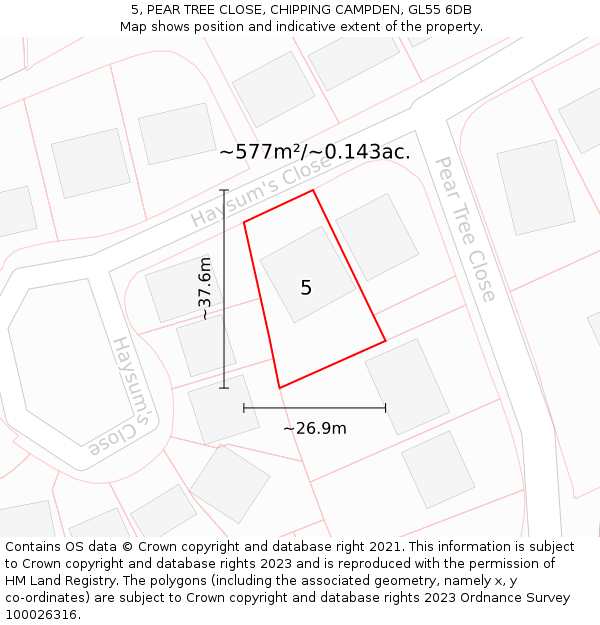 5, PEAR TREE CLOSE, CHIPPING CAMPDEN, GL55 6DB: Plot and title map