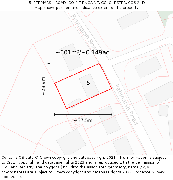 5, PEBMARSH ROAD, COLNE ENGAINE, COLCHESTER, CO6 2HD: Plot and title map