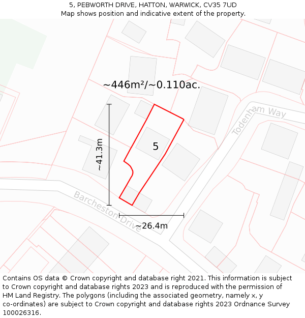 5, PEBWORTH DRIVE, HATTON, WARWICK, CV35 7UD: Plot and title map