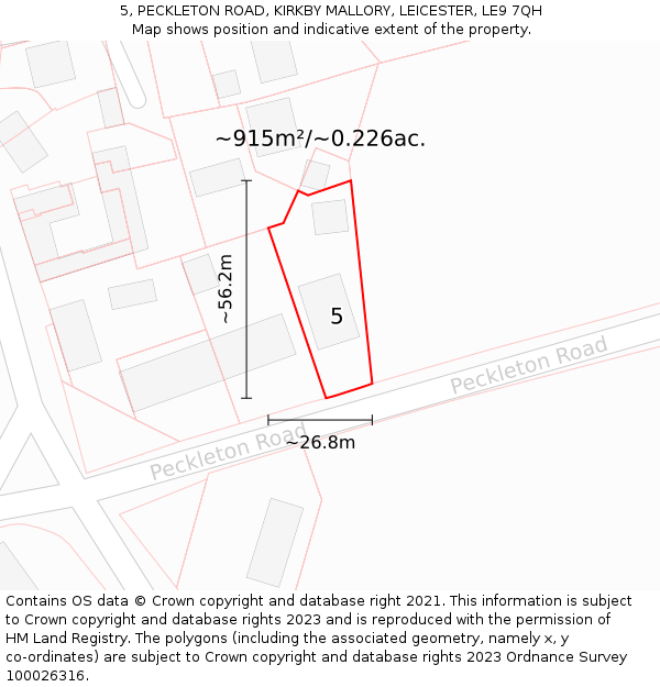5, PECKLETON ROAD, KIRKBY MALLORY, LEICESTER, LE9 7QH: Plot and title map