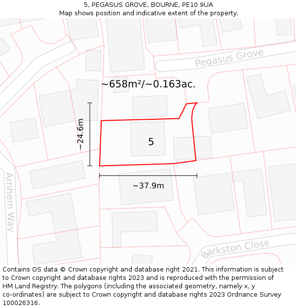 5, PEGASUS GROVE, BOURNE, PE10 9UA: Plot and title map