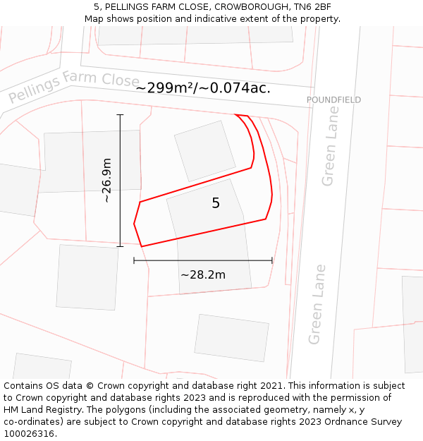 5, PELLINGS FARM CLOSE, CROWBOROUGH, TN6 2BF: Plot and title map