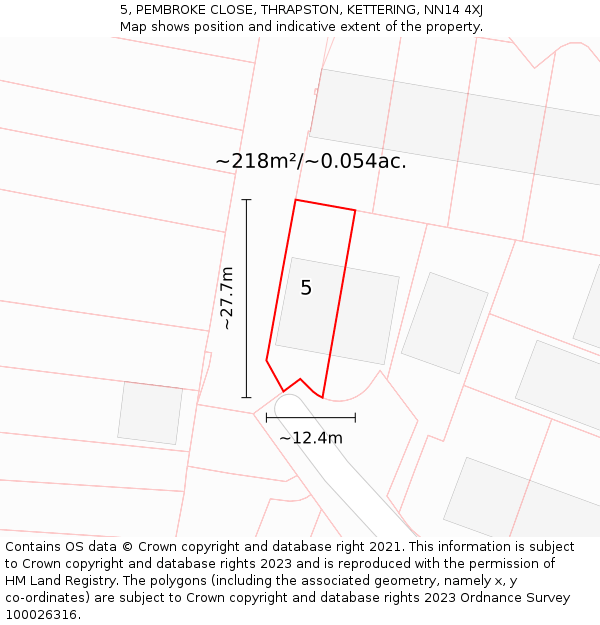 5, PEMBROKE CLOSE, THRAPSTON, KETTERING, NN14 4XJ: Plot and title map