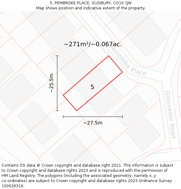 5, PEMBROKE PLACE, SUDBURY, CO10 1JW: Plot and title map