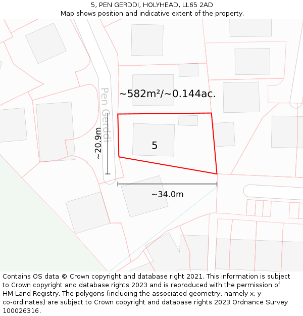 5, PEN GERDDI, HOLYHEAD, LL65 2AD: Plot and title map