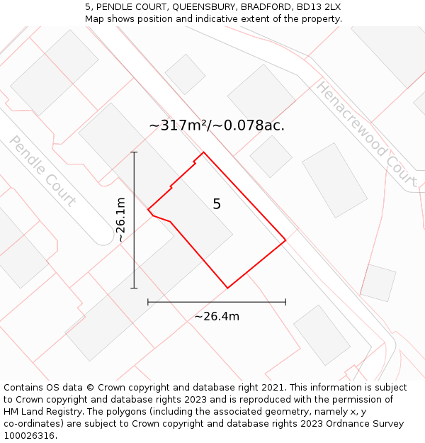 5, PENDLE COURT, QUEENSBURY, BRADFORD, BD13 2LX: Plot and title map