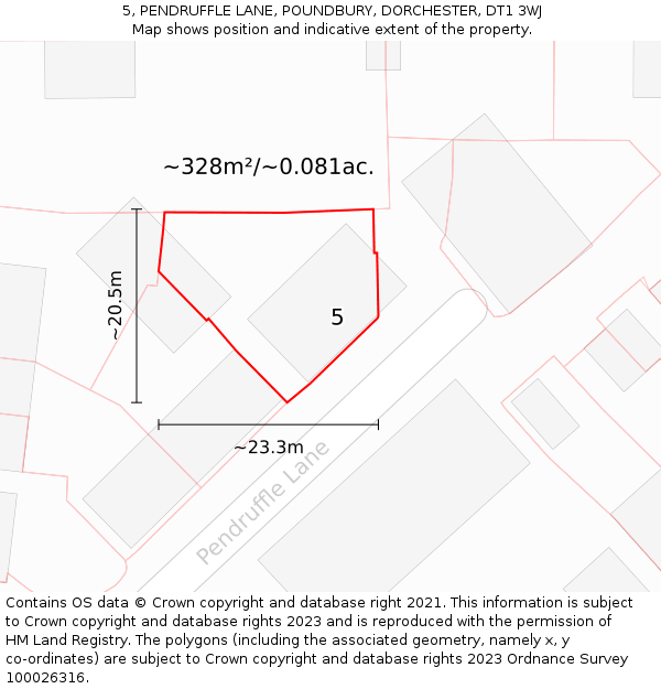 5, PENDRUFFLE LANE, POUNDBURY, DORCHESTER, DT1 3WJ: Plot and title map