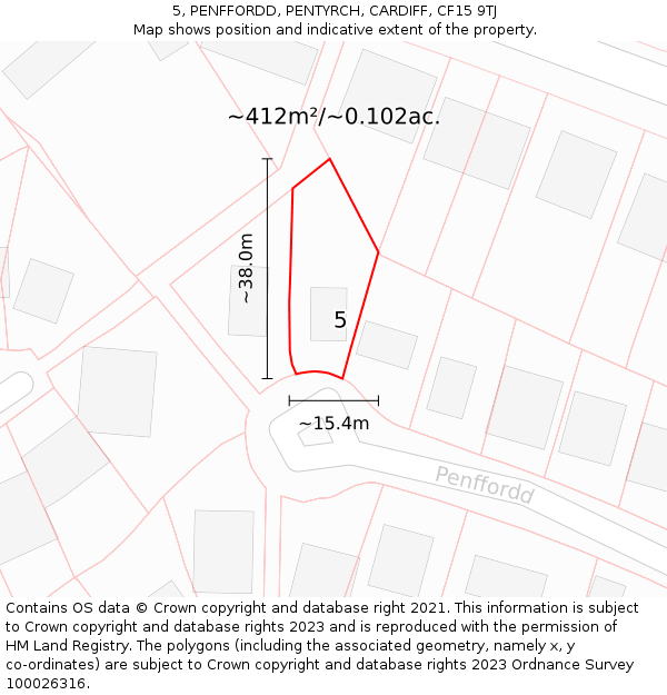 5, PENFFORDD, PENTYRCH, CARDIFF, CF15 9TJ: Plot and title map