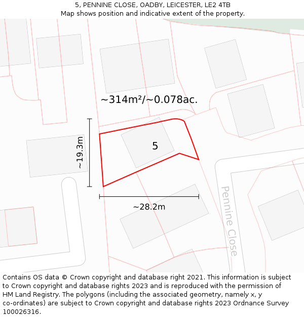 5, PENNINE CLOSE, OADBY, LEICESTER, LE2 4TB: Plot and title map