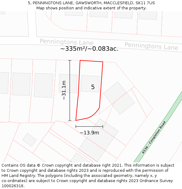 5, PENNINGTONS LANE, GAWSWORTH, MACCLESFIELD, SK11 7US: Plot and title map