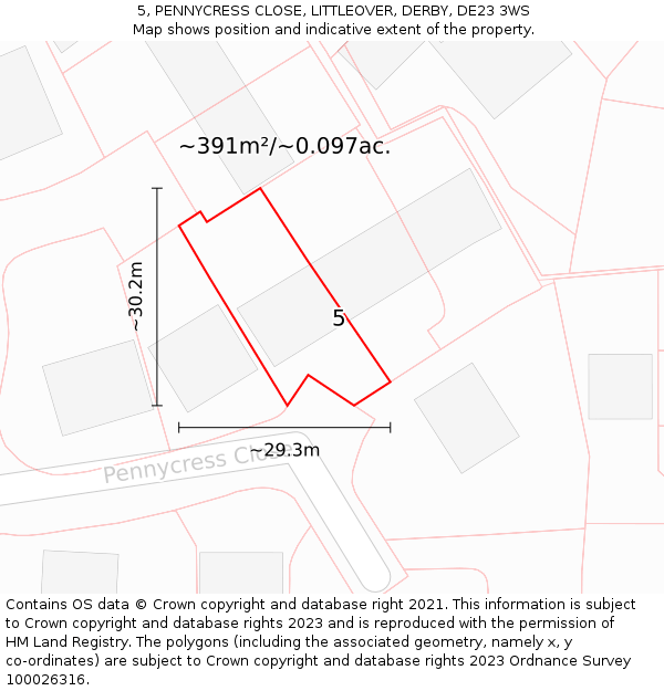 5, PENNYCRESS CLOSE, LITTLEOVER, DERBY, DE23 3WS: Plot and title map