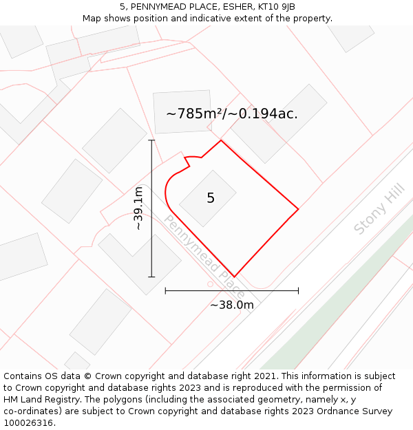 5, PENNYMEAD PLACE, ESHER, KT10 9JB: Plot and title map