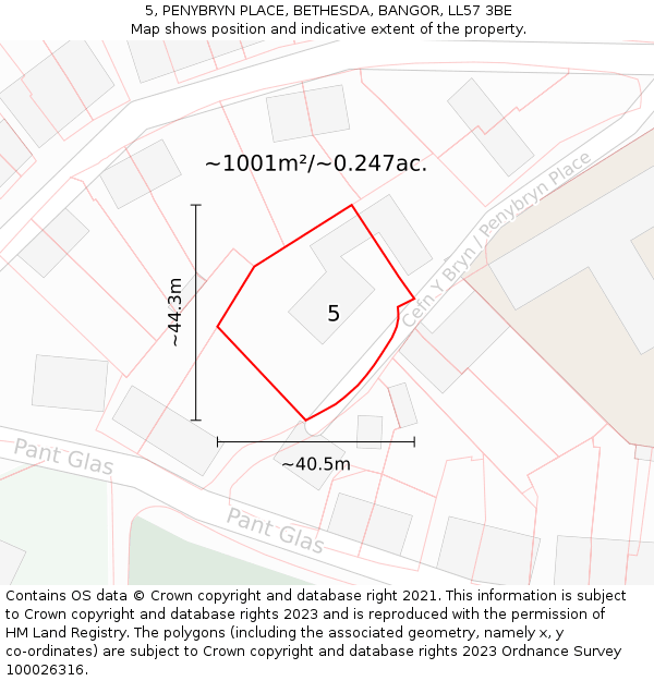 5, PENYBRYN PLACE, BETHESDA, BANGOR, LL57 3BE: Plot and title map