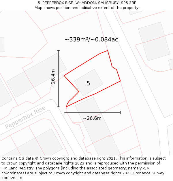 5, PEPPERBOX RISE, WHADDON, SALISBURY, SP5 3BF: Plot and title map