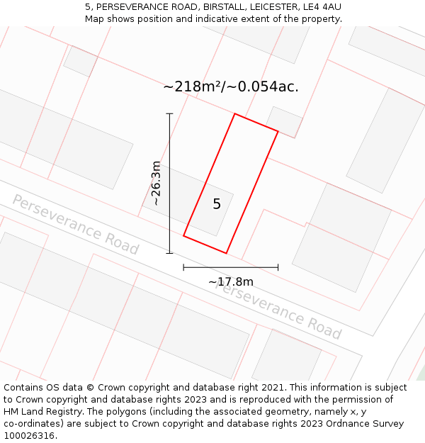 5, PERSEVERANCE ROAD, BIRSTALL, LEICESTER, LE4 4AU: Plot and title map