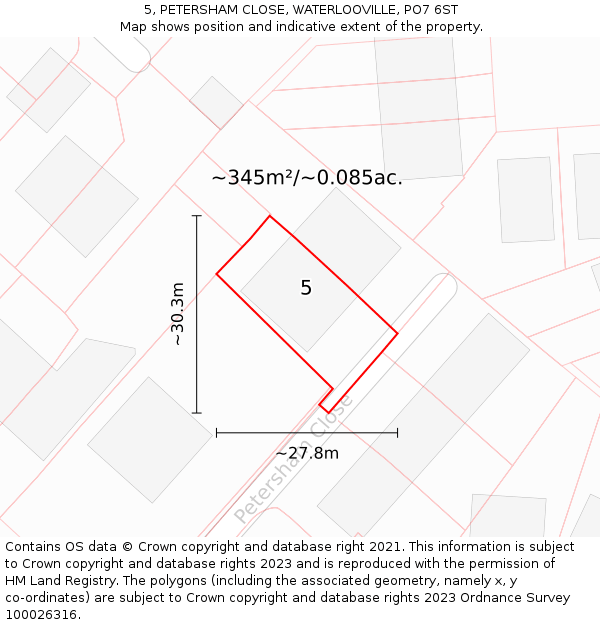 5, PETERSHAM CLOSE, WATERLOOVILLE, PO7 6ST: Plot and title map