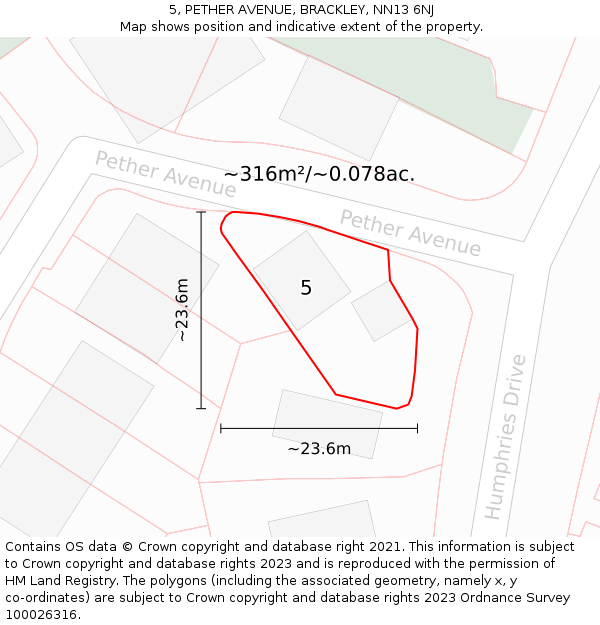 5, PETHER AVENUE, BRACKLEY, NN13 6NJ: Plot and title map