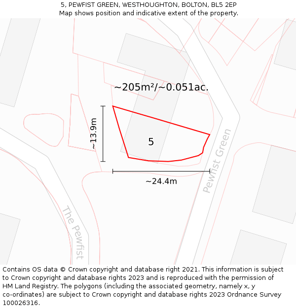 5, PEWFIST GREEN, WESTHOUGHTON, BOLTON, BL5 2EP: Plot and title map