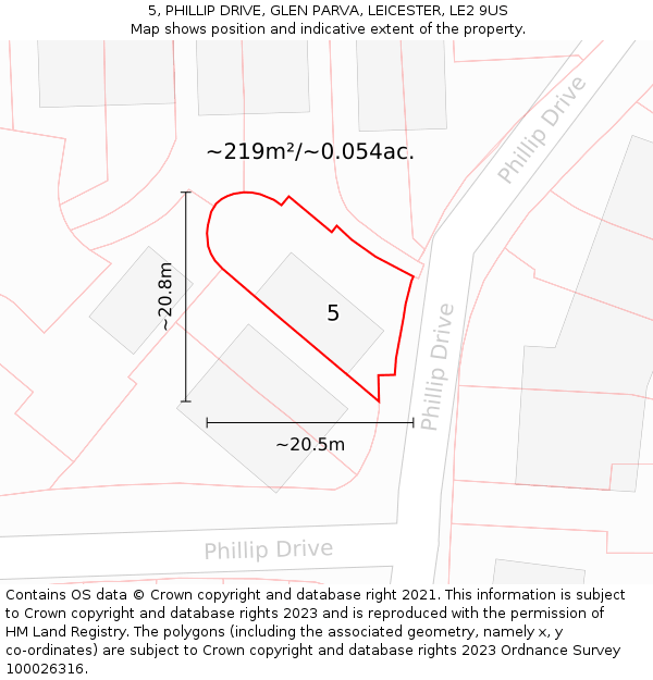 5, PHILLIP DRIVE, GLEN PARVA, LEICESTER, LE2 9US: Plot and title map