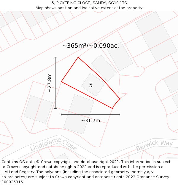 5, PICKERING CLOSE, SANDY, SG19 1TS: Plot and title map