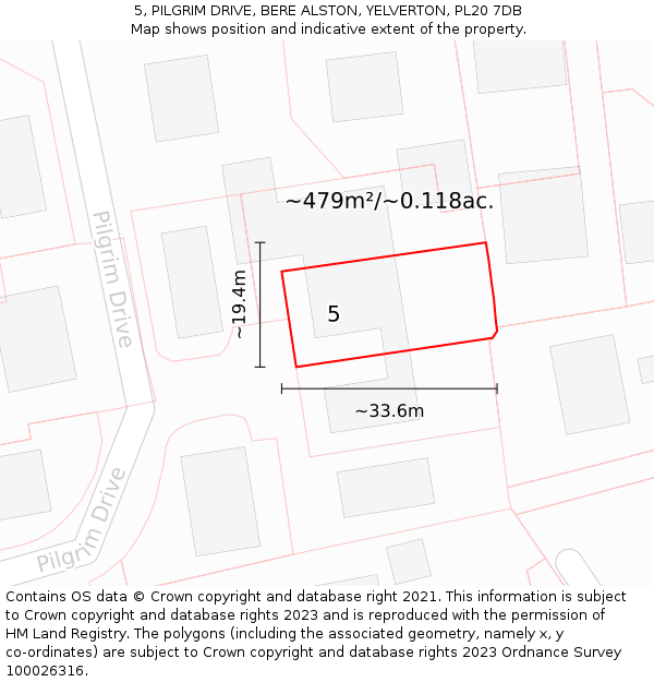 5, PILGRIM DRIVE, BERE ALSTON, YELVERTON, PL20 7DB: Plot and title map