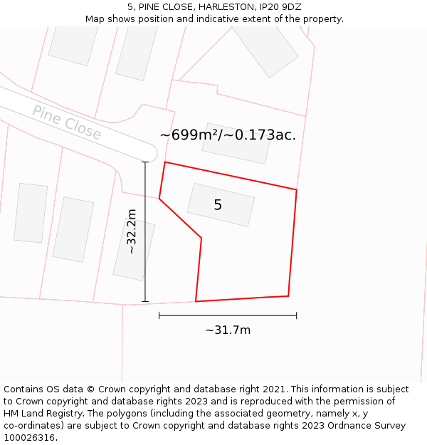 5, PINE CLOSE, HARLESTON, IP20 9DZ: Plot and title map