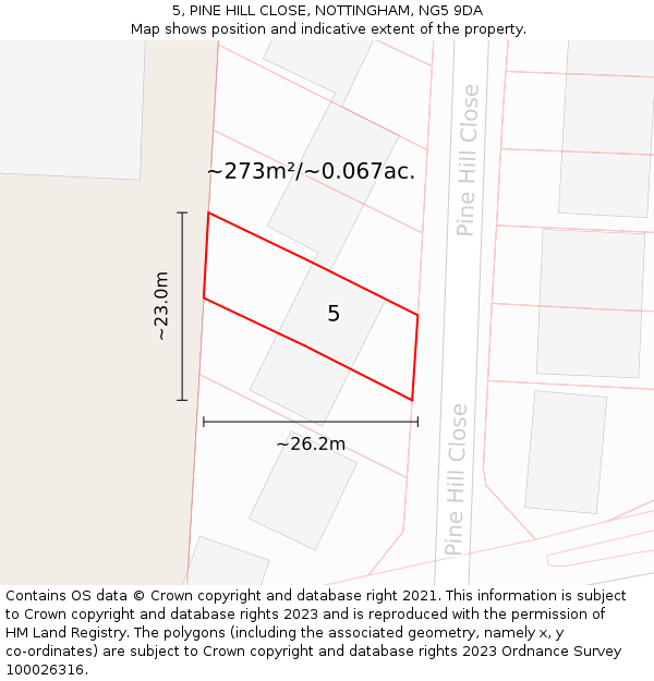 5, PINE HILL CLOSE, NOTTINGHAM, NG5 9DA: Plot and title map