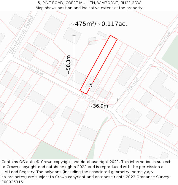 5, PINE ROAD, CORFE MULLEN, WIMBORNE, BH21 3DW: Plot and title map