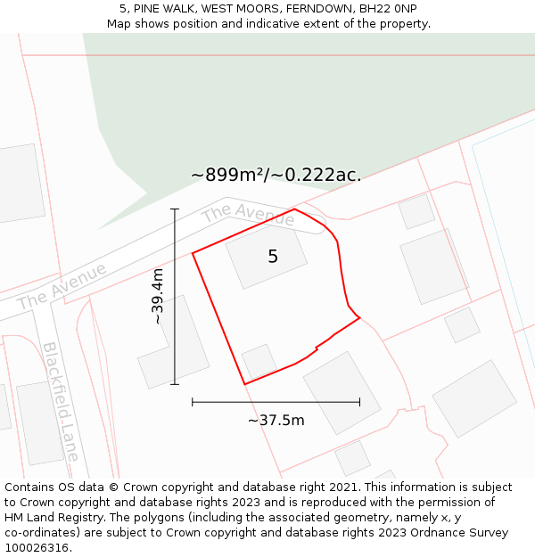 5, PINE WALK, WEST MOORS, FERNDOWN, BH22 0NP: Plot and title map