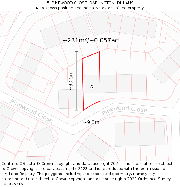 5, PINEWOOD CLOSE, DARLINGTON, DL1 4US: Plot and title map