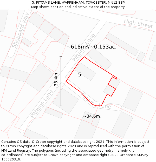 5, PITTAMS LANE, WAPPENHAM, TOWCESTER, NN12 8SP: Plot and title map