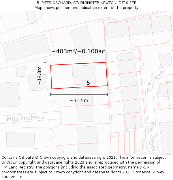 5, PITTS ORCHARD, STURMINSTER NEWTON, DT10 1ER: Plot and title map