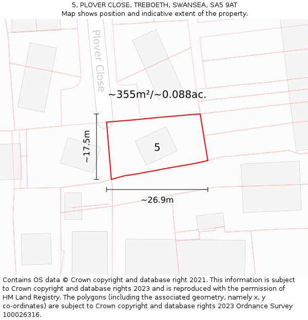 5, PLOVER CLOSE, TREBOETH, SWANSEA, SA5 9AT: Plot and title map
