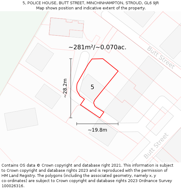 5, POLICE HOUSE, BUTT STREET, MINCHINHAMPTON, STROUD, GL6 9JR: Plot and title map