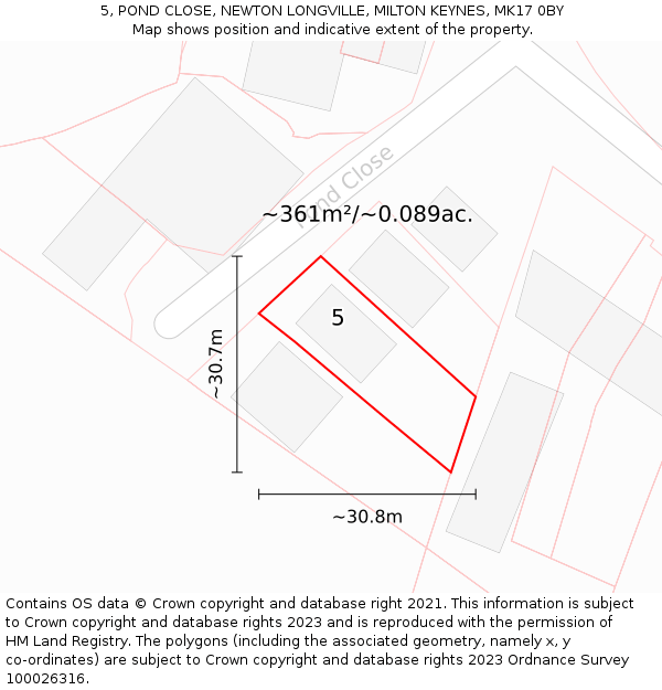 5, POND CLOSE, NEWTON LONGVILLE, MILTON KEYNES, MK17 0BY: Plot and title map