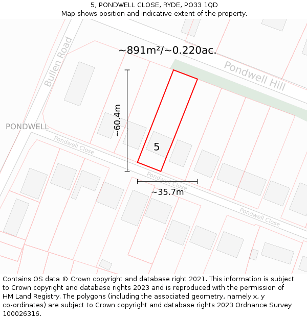 5, PONDWELL CLOSE, RYDE, PO33 1QD: Plot and title map