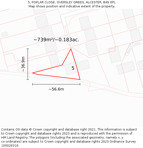 5, POPLAR CLOSE, OVERSLEY GREEN, ALCESTER, B49 6PL: Plot and title map