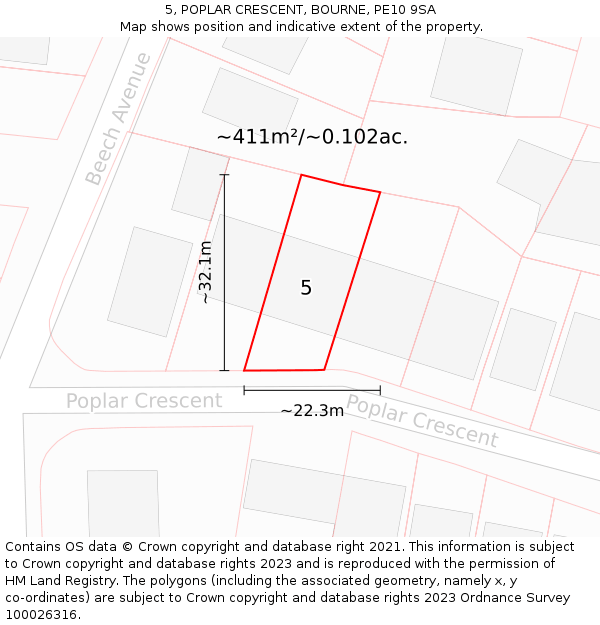 5, POPLAR CRESCENT, BOURNE, PE10 9SA: Plot and title map