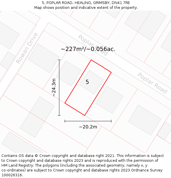 5, POPLAR ROAD, HEALING, GRIMSBY, DN41 7RE: Plot and title map