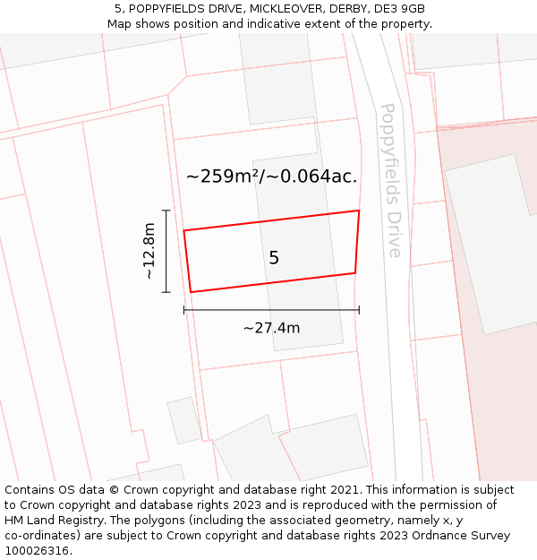 5, POPPYFIELDS DRIVE, MICKLEOVER, DERBY, DE3 9GB: Plot and title map