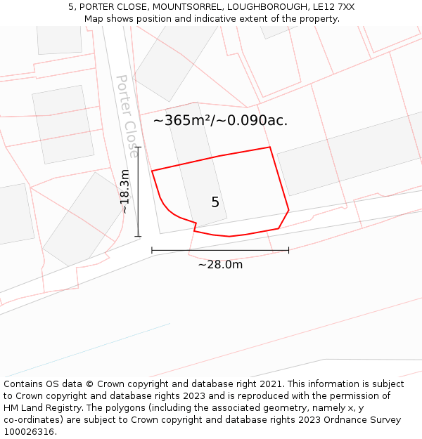 5, PORTER CLOSE, MOUNTSORREL, LOUGHBOROUGH, LE12 7XX: Plot and title map