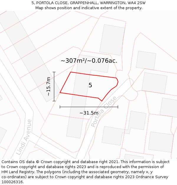 5, PORTOLA CLOSE, GRAPPENHALL, WARRINGTON, WA4 2SW: Plot and title map