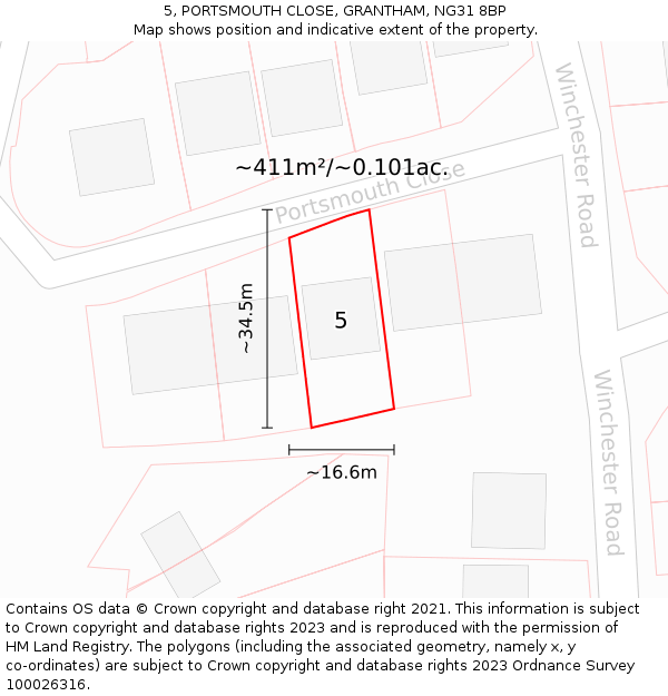 5, PORTSMOUTH CLOSE, GRANTHAM, NG31 8BP: Plot and title map