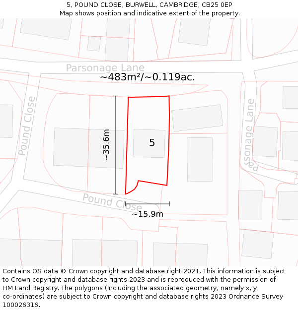 5, POUND CLOSE, BURWELL, CAMBRIDGE, CB25 0EP: Plot and title map