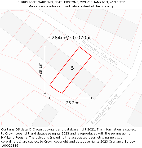 5, PRIMROSE GARDENS, FEATHERSTONE, WOLVERHAMPTON, WV10 7TZ: Plot and title map