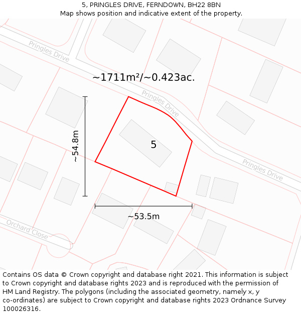 5, PRINGLES DRIVE, FERNDOWN, BH22 8BN: Plot and title map