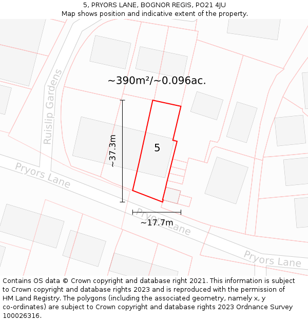 5, PRYORS LANE, BOGNOR REGIS, PO21 4JU: Plot and title map