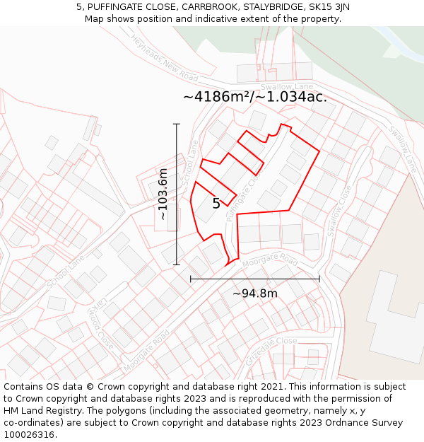 5, PUFFINGATE CLOSE, CARRBROOK, STALYBRIDGE, SK15 3JN: Plot and title map