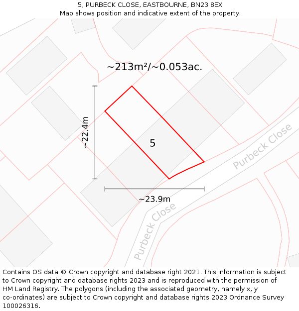 5, PURBECK CLOSE, EASTBOURNE, BN23 8EX: Plot and title map